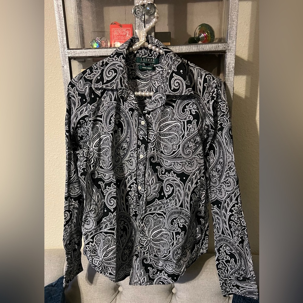Ralph Lauren Women Shirt Size: Medium; Color: Black & White Paisley